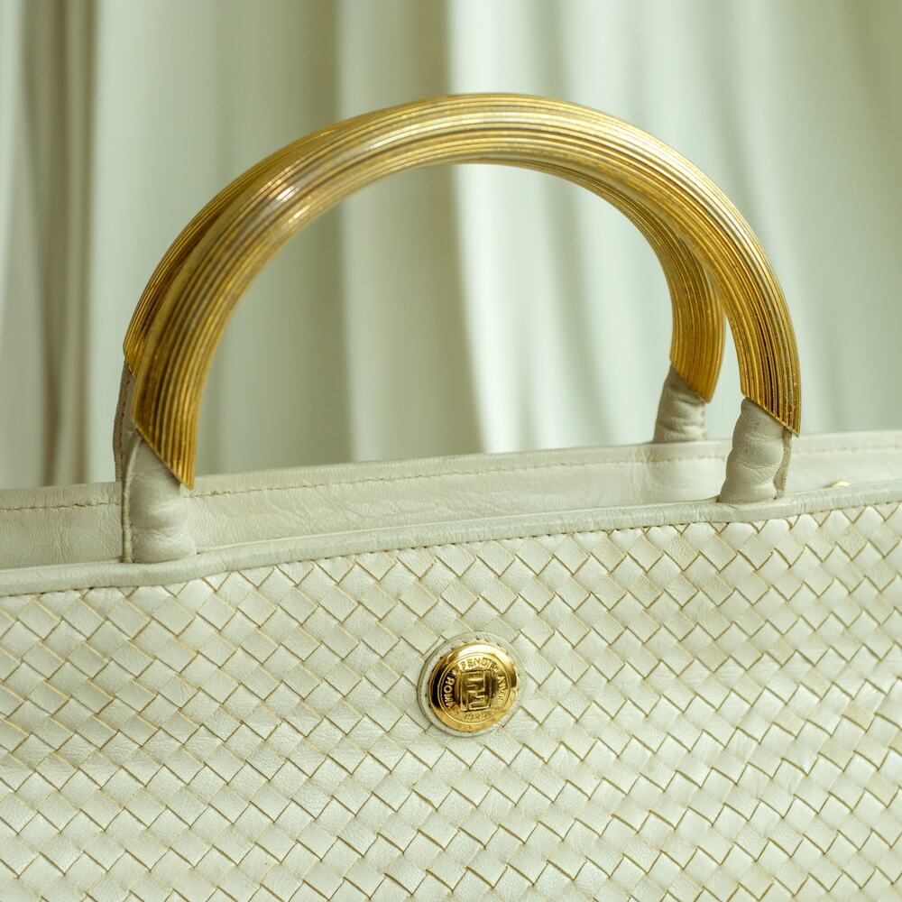Fendi Woven Leather Tassel Bag - Cream/White, Gold Handles, Vintage - Picture 3 of 16